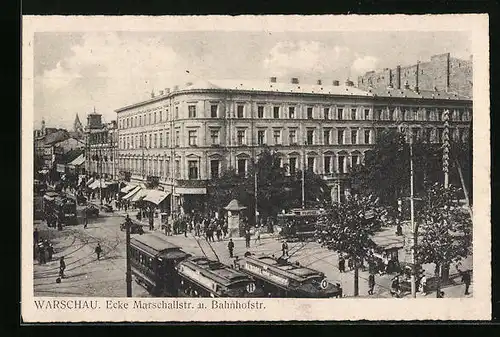 AK Warschau, Strassenbahnen an der Ecke Marschallstr. und Bahnhofstr.