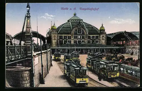 AK Halle a. S., Strassenbahnen am Hauptbahnhof
