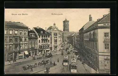 AK Berlin, Strassenbahnen und Kutschen auf dem Molkenmarkt