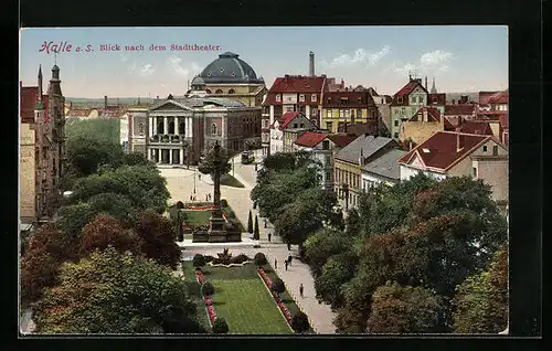 AK Halle a. S., Strassenbahn vor dem Stadttheater