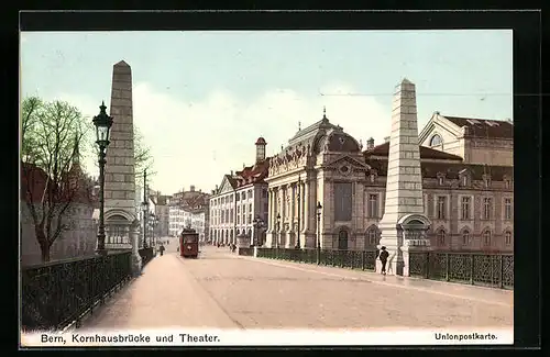 AK Bern, Strassenbahn vor der Kornhausbrücke, Theater