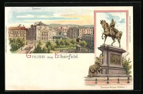 Lithographie Elberfeld, Ortspartie am Theater, Denkmal Kaiser Wilhelm I.