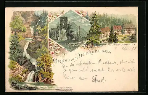 Lithographie Allerheiligen, Wasserfälle, Ruine, Hotel-Pension Mittenmaier