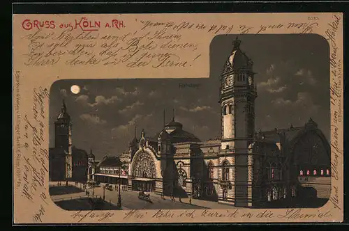 Mondschein-Lithographie Köln a. Rh., Bahnhof bei Nacht