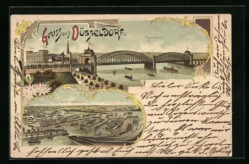 Lithographie Düsseldorf, Rheinbrücke, Neuer Rheinhafen