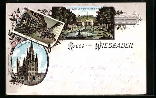 Lithographie Wiesbaden, Kurhaus, Kolonnaden, Evang. Hauptkirche
