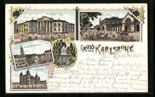 Lithographie Karlsruhe, Markgräfl. Palais, Evang. Stadtkirche, Aritlleriekaserne, Bahnhof