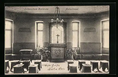 AK Karlsruhe i. B., Luisenschule, Innenansicht des Andachtsaal