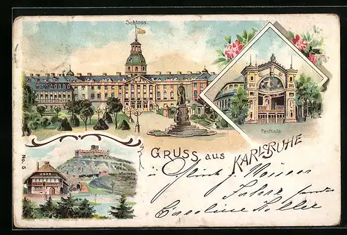 Lithographie Karlsruhe i. B., Schoss, Festhalle