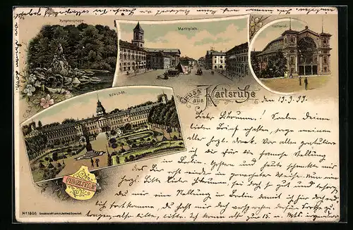 Lithographie Karlsruhe i. B., Nymphenbrunnen, Marktplatz, Festhalle, Schloss