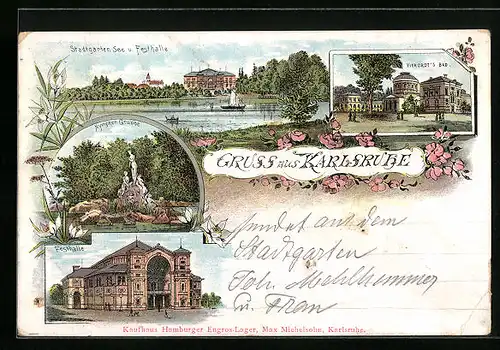 Lithographie Karlsruhe i. B., Stadtgarten und Festhalle, Vierordt`s Bad, Nymphenbrunnen