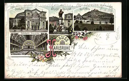 Lithographie Karlsruhe i. B., Festhalle, Scheffeldenkmal, Lauterberg