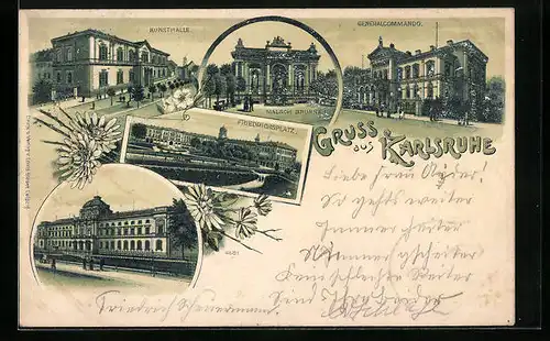 Lithographie Karlsruhe i. B., Kunsthalle, Generalkommando, Friedrichsplatz, Malschbrunnen