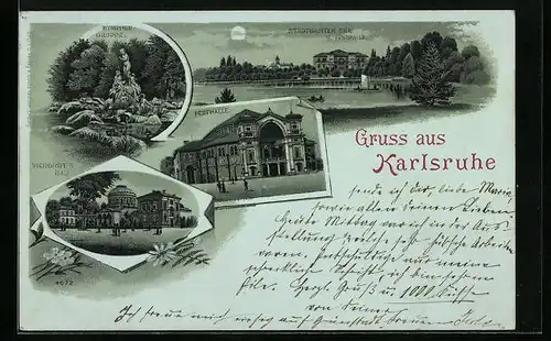 Mondschein-Lithographie Karlsruhe i. B., Nymphengruppe, Stadtgarten, Festhalle, Vierordt`s Bad