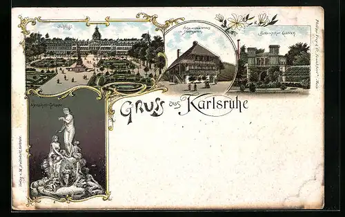 Lithographie Karlsruhe i. B., Nymphengruppe, Schloss, Schwarzwaldhaus im Stadtgarten, Botanischer Garten