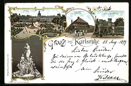 Lithographie Karlsruhe i. B., Schloss, Nymphengruppe, Schwarzwaldhaus im Stadtgarten, Botanischer Garten