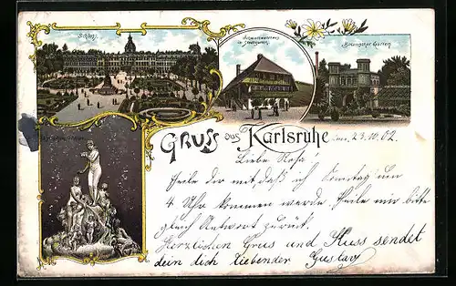 Lithographie Karlsruhe i. B., Schloss, Nymphengruppe, Schwarzwaldhaus im Stadtgarten, Botanischer Garten