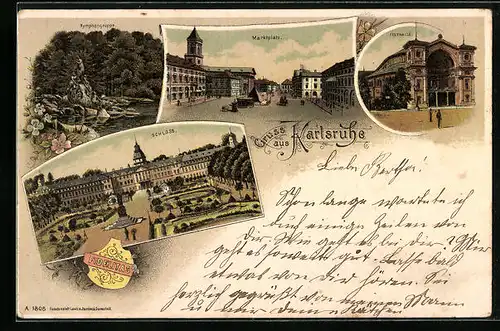 Lithographie Karlsruhe i. B., Nymphengruppe, Marktplatz, Festhalle, Schloss