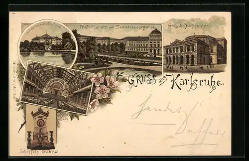 Lithographie Karlsruhe i. B., Stadtgartensee und Festhalle, Friedrichsplatz, Hoftheater