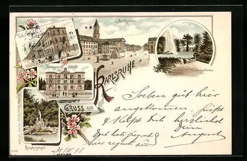 Lithographie Karlsruhe i. B., Marktplatz, Kunstgewerbeschule, Schlossgartensee, Nymphengruppe