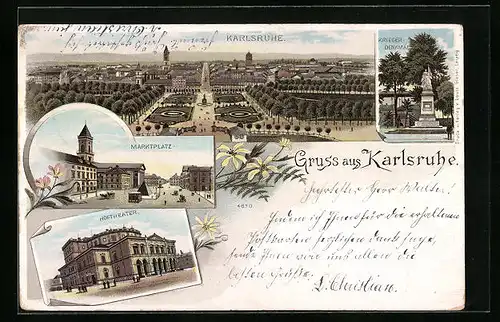 Lithographie Karlsruhe i. B., Marktplatz, Hoftheater, Kriegerdenkmal