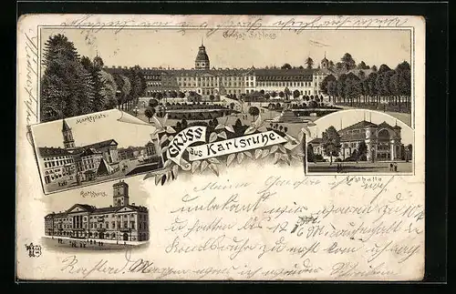 Lithographie Karlsruhe i. B., Marktplatz, Grossh. Schloss, Festhalle, Rathaus