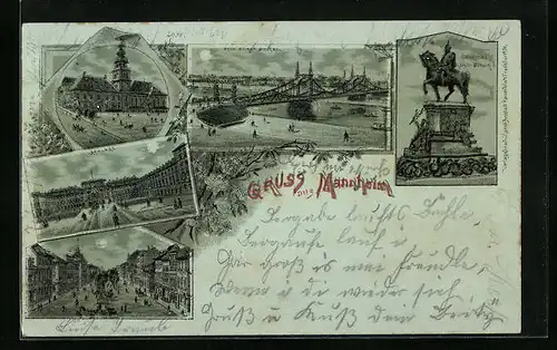 Mondschein-Lithographie Mannheim, Totalansicht mit Schloss und Denkmal Kaiser Wilhelm I.