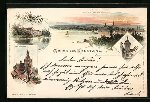 Lithographie Konstanz, Totalansicht mit Münster