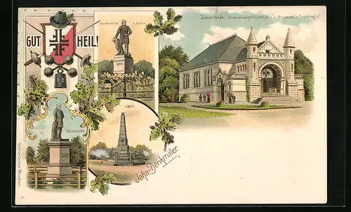 Lithographie Freyburg, Jahn-Denkmäler: Schönlanke, Hasenheide b. Berlin, Erinnerungs-Turnhalle