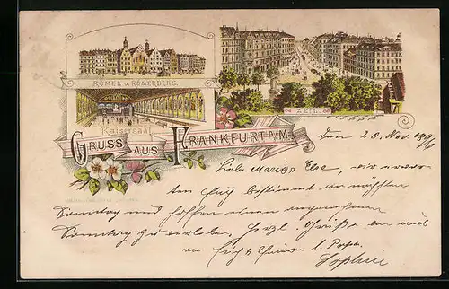 Lithographie Frankfurt a. M., Kaisersaal, Römerberg, Zeil