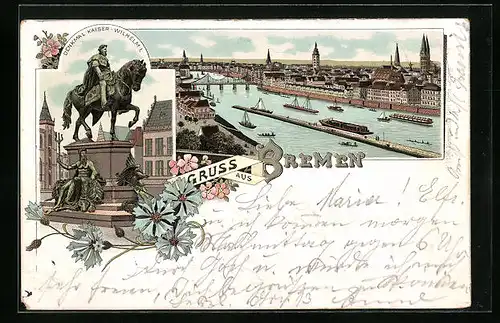 Lithographie Bremen, Ortsansicht mit Denkmal Kaiser-Wilhelm I.