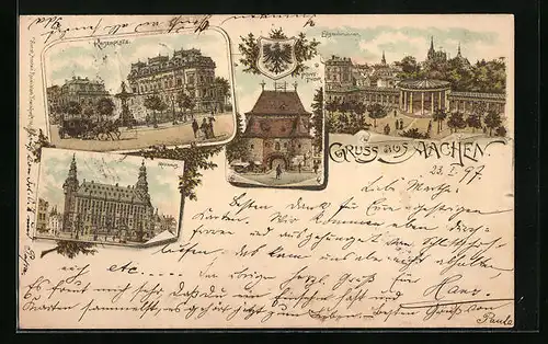 Lithographie Aachen, Kaiserplatz, Rathaus