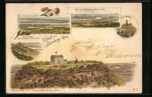 Vorläufer-Lithographie Petersberg a. Rh., Blick auf Königswinter und die Eifel mit Ruine Godesberg 1894