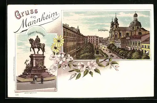 Lithographie Mannheim, Schillerplatz mit Kaiser Denkmal