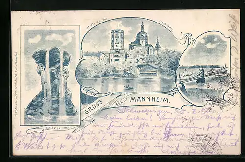 Künstler-AK Mannheim, Schlossbrunnen, Stadtpark und Sternwarte