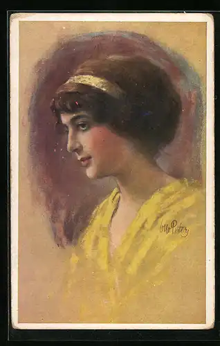 AK Art Deco, Junge Frau in gelber Kleidung