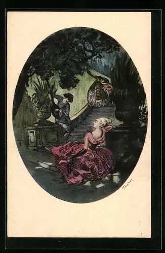 AK Art Deco, Lauternspieler und Frau an einer Treppe