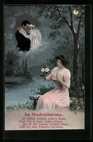 AK Im Hochzeitskranz, Im weissen Schleier..., Frau mit Blumen bei Mondschein, Hochzeitspaar