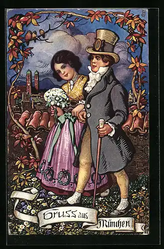 Künstler-AK München, Paar mit Blumen, Im Hintergrund Kirche