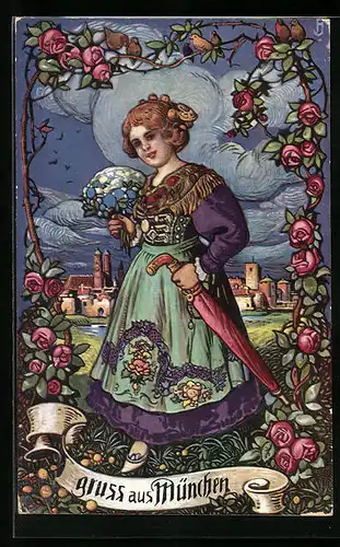 Künstler-AK München, Junge Frau mit Blumen und Schirm, In Hintergrund Kirche