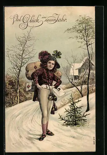 Präge-AK Postbote mit Paken und Kuvert im Schnee, Neujahrsgruss