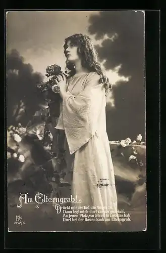 AK Junge Frau am Elterngrab, Drückt mir der Tod die Augen zu...