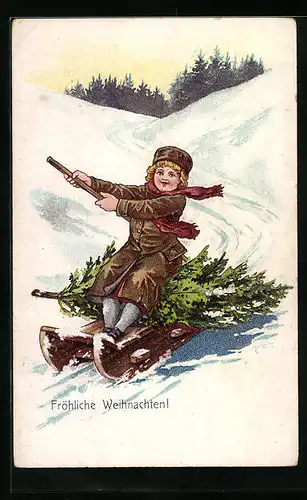 AK Mädchen mit Weihnachtsbaum auf einem Schlitten