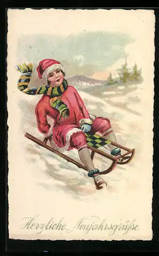 AK Mädchen fährt auf einem Schlitten durch den Schnee