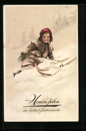 AK Mädchen mit Skiern im tiefen Schnee