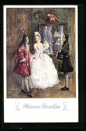 AK Elegante Gesellschaft im Salon bewundert Meissner Porzellan