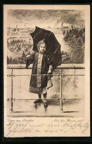 AK Münchner Kindl mit Regenschirm vor verregnetem Stadtpanorama