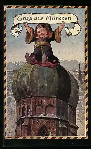 AK Münchner Kindl sitzt auf der Frauenkirche