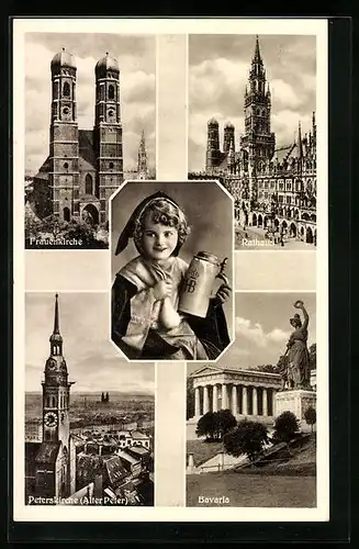 AK Münchner Kindl mit Frauenkirche, Rathaus, Peterskirche und Bavaria
