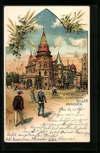 Lithographie München, Löwenbräu-Keller mit Strassenpartie